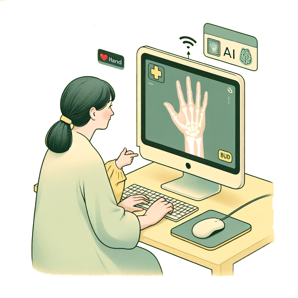 A doctor checking a child's bone age with AI tools.